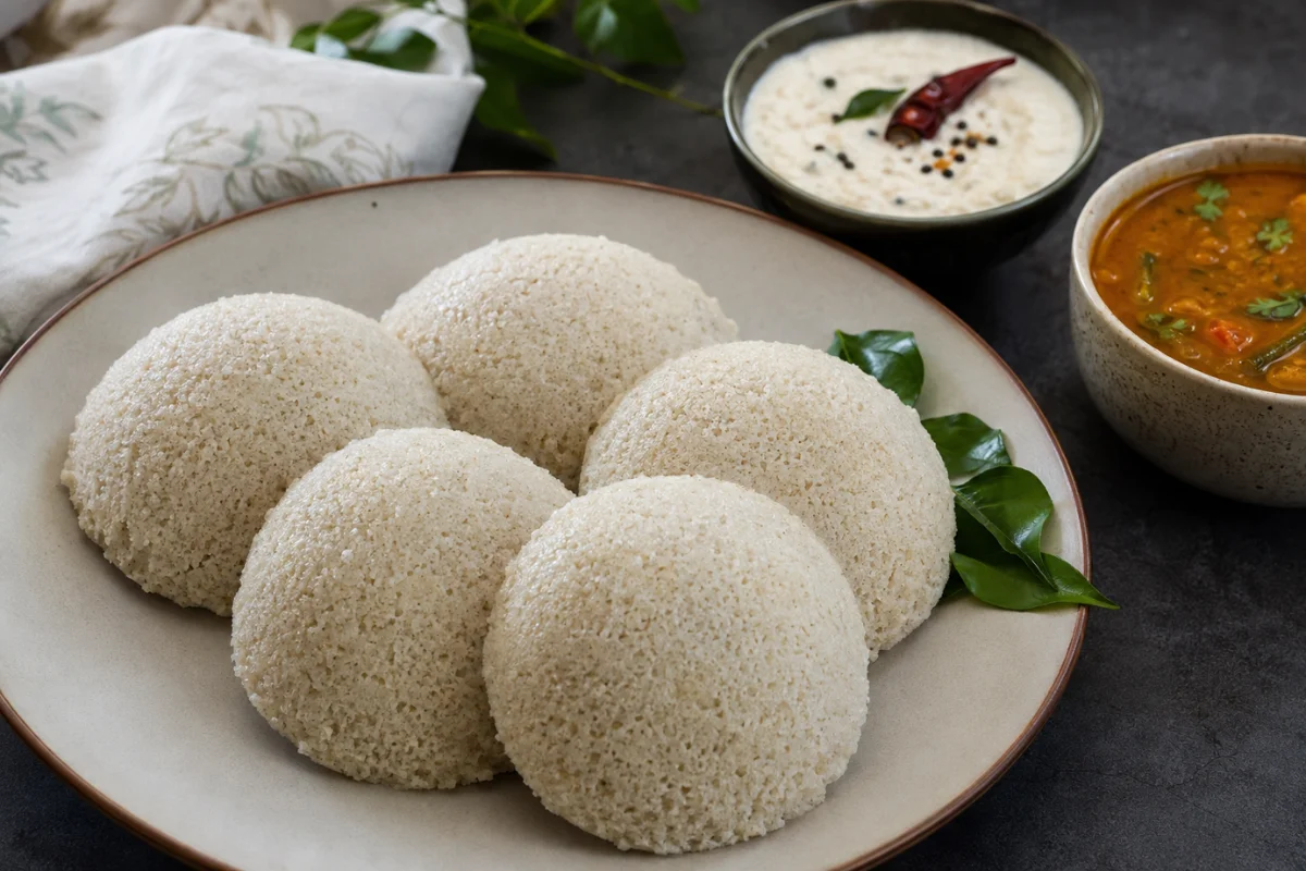 Soft and fluffy foxtail millet idli served with coconut chutney and sambar